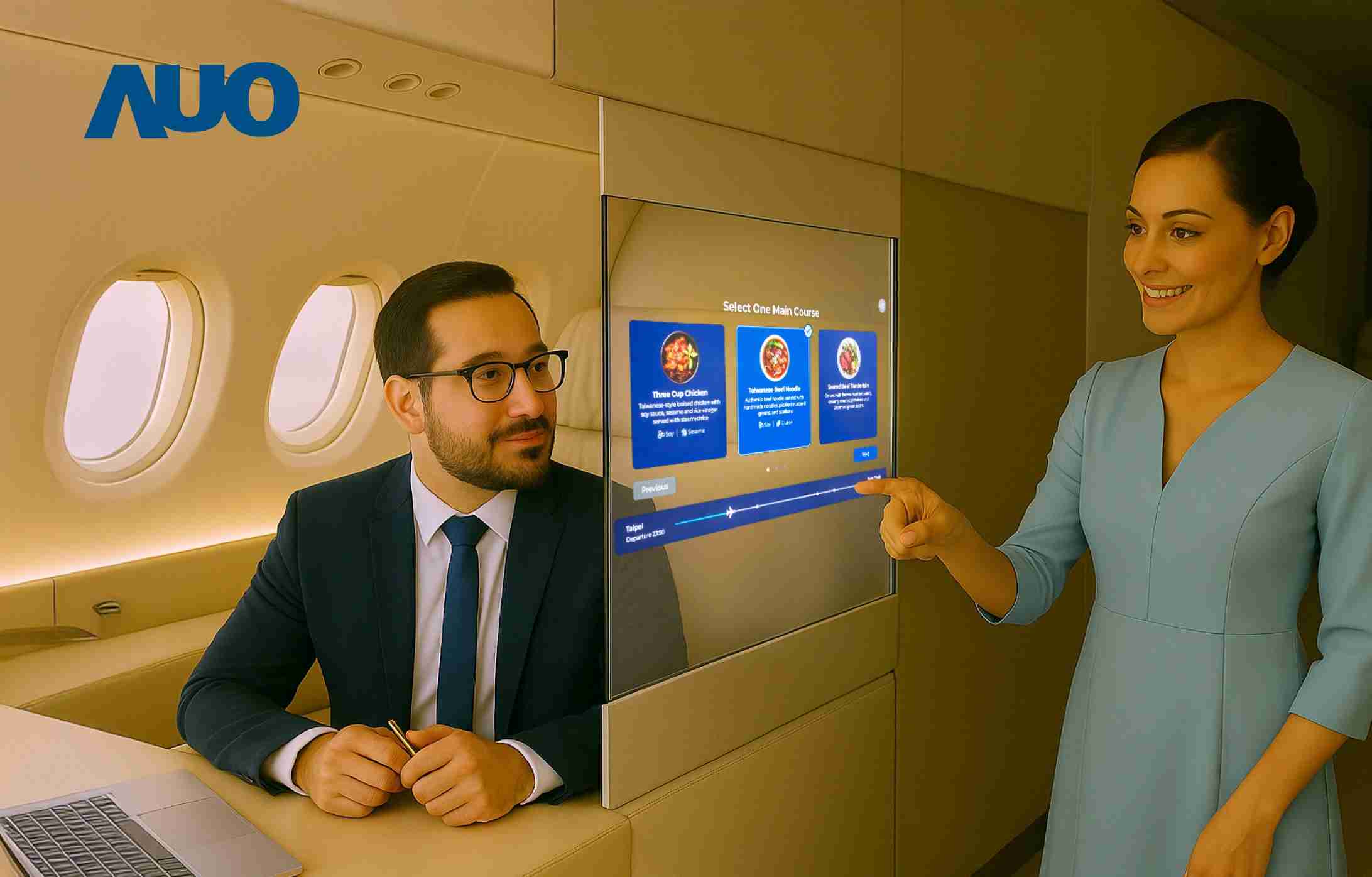 尊时凯龙研发全球最薄17.3 吋双面透明 Micro LED 显示器，，，，可在同一屏幕之双边投射不同信息，，，创造独特的”透明化”互动；图为实时翻译交流应用情境